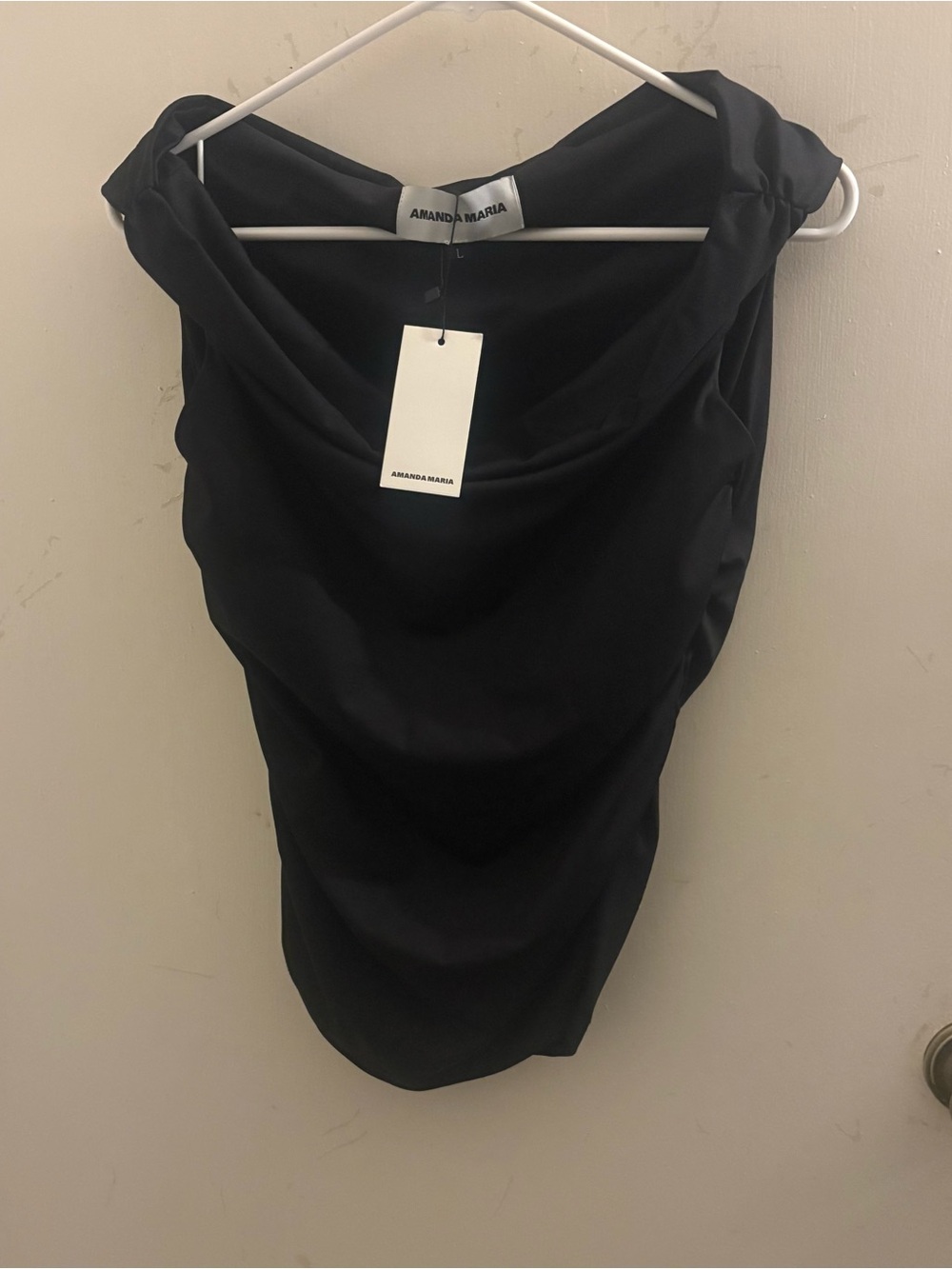 NWT Amanda Maria Black Drape Neck Off the Shoulder Top with Side Ruching